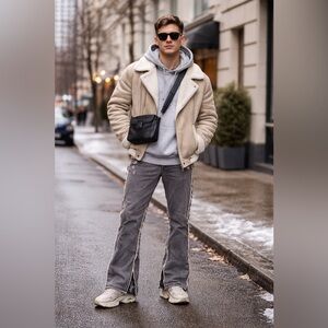 Tan Shearling Jacket with Gray Pants